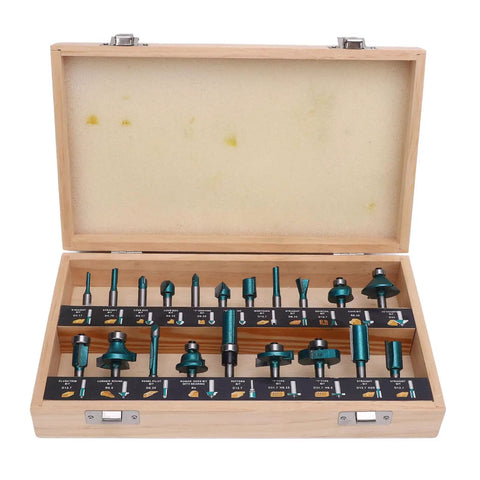 Top Grade 20 Piece Carbide Router Bit Set With Strong Tongue Groove For Smooth Woodworking Cuts 1/2 Inch Shank displayed in wooden case.
