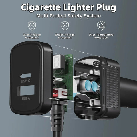 Cigarette lighter plug close-up showing USB ports and multi protect safety features for Plug And Play Road Warrior 10 Foot DC Power Cable Featuring Dual 100 Watt Charging Bays And Integrated Volt Gauge For Zero Stress Starlink Mini Setup Anytime You Hit The Road.