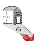 Close-up of a groove joint plier open to 1½ inch, part of a Six Piece Pliers Set With Groove Joint Slip Joint Long Nose Diagonal Cutting And Lineman Pliers For DIY And Professional Work Heavy Duty Build Comfortable Grip And Ready To Tackle Any Wire Or Metal Task.