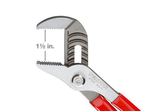 Close-up of a groove joint plier open to 1½ inch, part of a Six Piece Pliers Set With Groove Joint Slip Joint Long Nose Diagonal Cutting And Lineman Pliers For DIY And Professional Work Heavy Duty Build Comfortable Grip And Ready To Tackle Any Wire Or Metal Task.