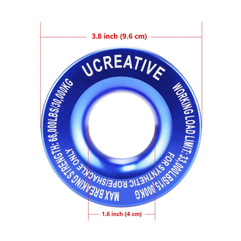 Heavy Duty Winch Recovery Ring 66000 Lbs For Soft Shackle And Synthetic Rope For ATV UTV SUV Truck Off Road Recovery Blue CNC Machined 7075 Aluminum Alloy, top view with dimensions.
