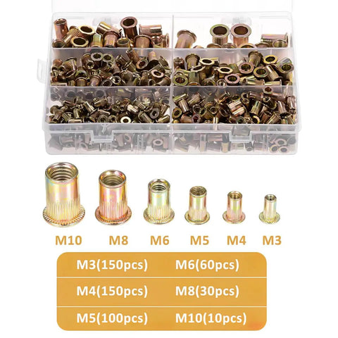 Bulk Rivet Nuts Kit 500 Pcs Galvanized Carbon Steel Threaded Inserts M3 to M10 with storage box for heavy-duty use