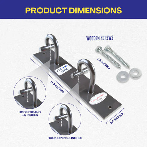 Top Tier Dual Hook Resistance Band Wall Anchor For Sick Home Gym Setups With Heavy Duty Wood Screws Included and dimensions of 11.5 and 2.5 inches.