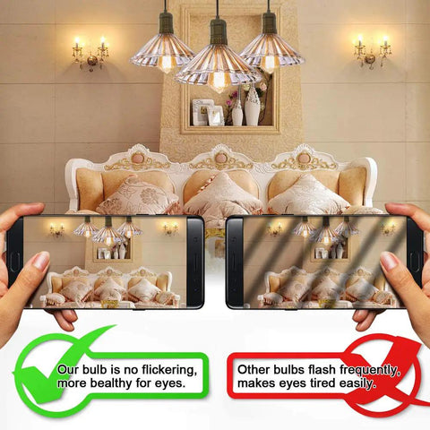 ST21 Vintage LED Edison Bulb 4.5W 40W Equivalent Dimmable Soft White 3000K Filament Light Bulb E26 Medium Base Pack Of 6 ETL Listed Energy Saving Home Lighting shown reducing screen flicker in a living room setting.
