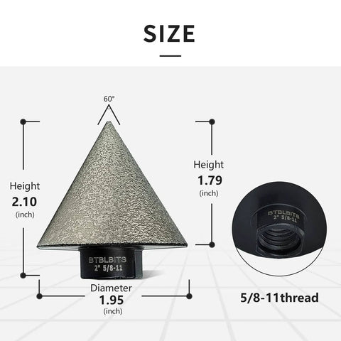 Pro Grade Diamond Beveling Chamfer Bit For Tile And Stone, 2 Inch Diameter, 60 Degree Edge Bevel, 80 Grit, Five Eighths Inch Eleven Thread