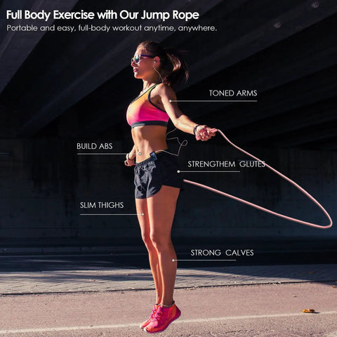 Woman using Two Pack Jump Rope For Fitness Beast Mode Speed Skipping Rope For Men Women And Kids Tangle Free PVC Long Jump Rope Set Adjustable Length Exercise Rope For Cardio Training Boxing And Home Workouts outdoors