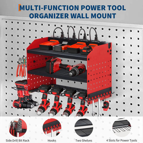 Heavy Duty Tool Organizer Wall Mount With Charging Station For Garage Three Layer Storage Rack With Four Drill Holders