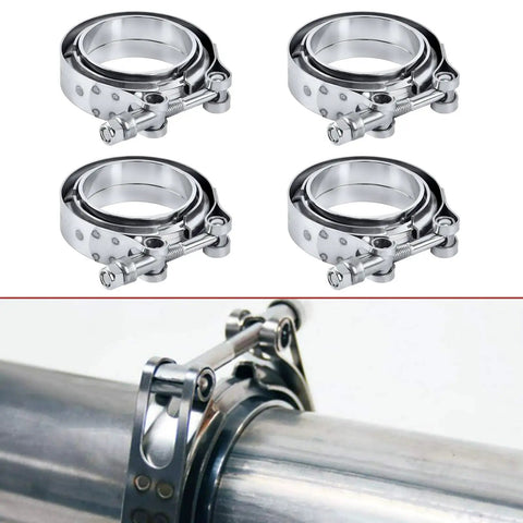 Heavy Duty 2.5 Inch Steel V Band Flange Clamp Kit 4 Piece With Flange, V Band Clamp Assembly For Exhaust Systems, Machined Ridge For Precise Welds, Easy Bolt On And Quick Access To Critical Components showing clamps and assembly in use