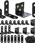Heavy Duty L Shaped Shelf Brackets Set in black stainless steel, 96 pack with flat plate design, various sizes for wood furniture.