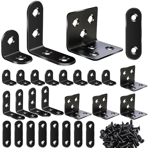 Heavy Duty L Shaped Shelf Brackets Set in black stainless steel, 96 pack with flat plate design, various sizes for wood furniture.