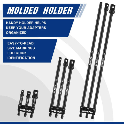 Molded holder with 9 Piece Socket Adapter Extension Set with Quarter Inch Hex Shank for various drive sockets