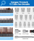 Built To Last 1/4 Inch Torque Wrench Set, 50 Piece Kit With 3-25 Nm Range, S2 Bit Sockets displayed with dimensions