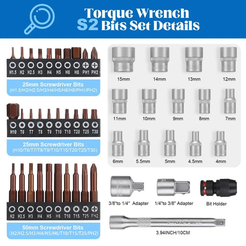 Built To Last 1/4 Inch Torque Wrench Set, 50 Piece Kit With 3-25 Nm Range, S2 Bit Sockets displayed with dimensions