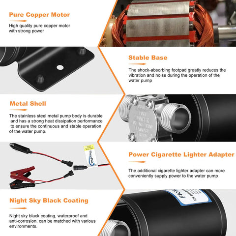 12V Water Transfer Pump One Tenth HP 330 GPH With Three Quarter Inch Ports features including motor, base, shell, adapter, and coating.