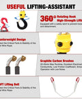 Nilight 3-In-1 Electric Hoist Winch components showing rotating hook, counterweight, graphite brushes, and lifting belt.
