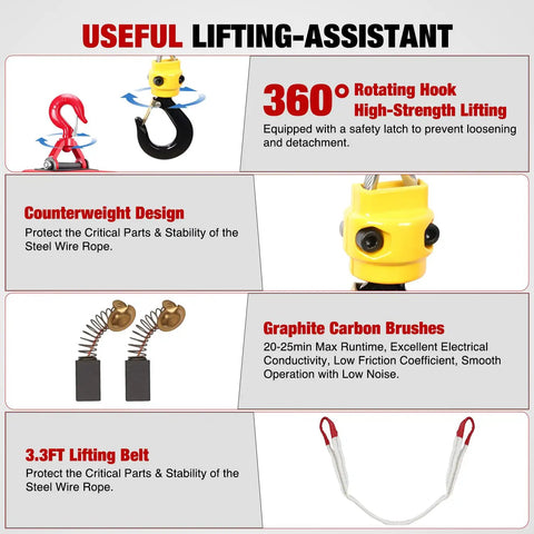 Nilight 3-In-1 Electric Hoist Winch components showing rotating hook, counterweight, graphite brushes, and lifting belt.