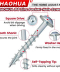 Close-up of a zinc plated #8 pocket-hole screw with square drive, smooth shank, washer head, and self-tapping tip.
