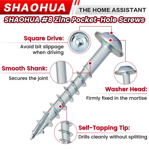 Close-up of a zinc plated #8 pocket-hole screw with square drive, smooth shank, washer head, and self-tapping tip.