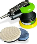 4 Inch Rotary Palm Polisher with Ergonomic Grip, Variable Speed Control, and Included 2 Step Polishing Pads for Fast Automotive Clearcoat Swirl Removal, Built for Pro Detailers, Green displayed with attachments