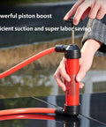 Hand Plunger Manual Fluid Transfer Pump, Compact Liquid Extractor Tool For Travel Ready Drainage with red suction hose in use.