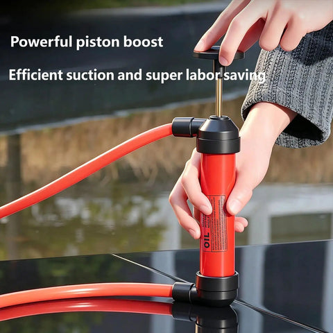 Hand Plunger Manual Fluid Transfer Pump, Compact Liquid Extractor Tool For Travel Ready Drainage with red suction hose in use.