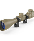 3-9x40 Rifle Scope With Red Green Illuminated Rangefinder Reticle, tan design, waterproof fog proof, with 11mm mounts visible