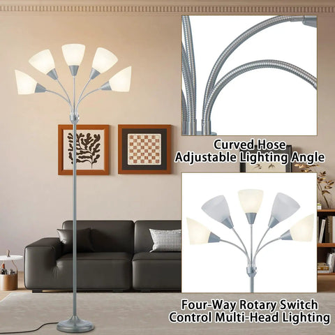 Five Head Floor Lamp With Adjustable Gooseneck Arms And Large Frosted Shade For E26 A19 Bulbs Perfect Reading Light