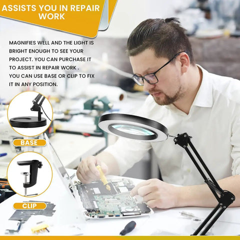 2 In 1 Clamp And Desk Magnifier Lamp With Dimmable LED Light Swivel Arm And 3 Color Modes for repair work, man using lamp