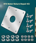 Upgraded RT0 Water Return Repair Kit components including stainless steel plate, fasteners, and drill bit for rusty pool walls