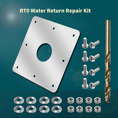 Upgraded RT0 Water Return Repair Kit components including stainless steel plate, fasteners, and drill bit for rusty pool walls