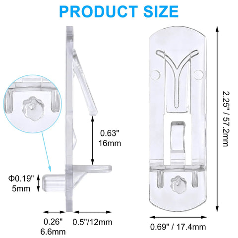 Diagram of 24 Pack Self Locking Plastic Shelf Pegs For 5/8 Inch Shelves (16mm), Clear Cabinet Pins with dimensions labeled.