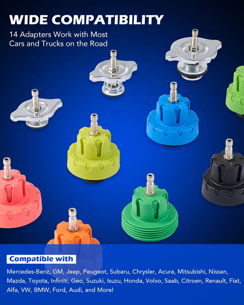 Orion Motor Tech coolant pressure tester kit with radiator adapters in assorted colors and metal stems