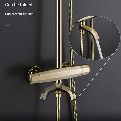 UBNMIUBV Shower Head -Pe Rain Shower System Thermosshower Combo Set showing sleek gold finish with water flowing, wall-mounted design.