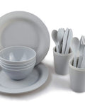 24 Piece Dorm Life Mess Kit Tableware Set For Camping And Everyday Use Plates Cups Bowls Silverware In Drawstring Mesh Bag Microwave Safe BPA Free