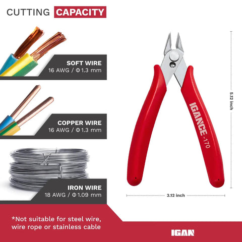 Precision Wire Cutters Flush Cutters For Electronics And Jewelry Making, angled head side cutters, shown next to cutting capacity chart