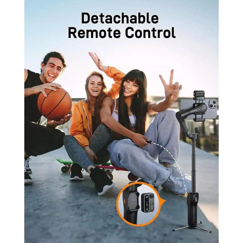 Group with skateboard and basketball using ISteady V3 3 Axis Smartphone Gimbal With Magnetic AI Tracking Removable Remote Built In Telescopic Rod And Tripod Ultra Smooth Stabilization For Action Filming And Pro Grade Content Creators outdoors