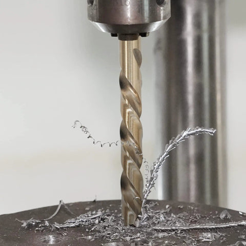 Close-up of a cobalt drill bit from Fifteen Piece Cobalt Drill Bit Set With M35 HSS 135 Degree Split Point Jobber Length in action.