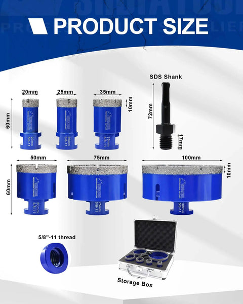 Six Piece Diamond Core Drill Bit Set For Porcelain Tile Granite And Marble Pro Grade Core Bits With Diameters 20mm 25mm 35mm 50mm 75mm 100mm Five Eighth Inch 11 Thread Dry Or Wet Drilling 60mm Length with size chart and storage box