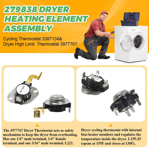 Upgraded 279838 Dryer Heating Element Kit with thermostats, shown with technician and dryer setup
