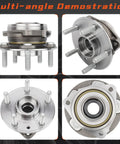 Front Left Or Right Wheel Hub Bearing Assembly For Jeep Wrangler And Gladiator 5 Lug Without ABS Beefed Up Heavy Duty Replacement Fit 2018 Through 2023 Models Today, multi-angle view of metal assembly