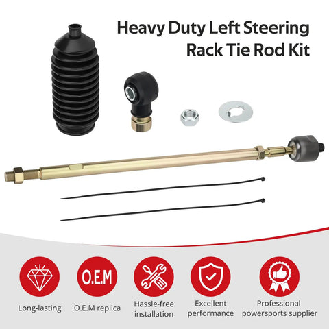 Left Steering Rack Tie Rod Kit For Polaris RZR Ranger UTVs 400 500 570 700 800 900 1000 From 2008 To 2021 Heavy Duty Bolt On Upgrade Durable Steel Build Beefed Up Breeze Brutus EM1400, parts laid out