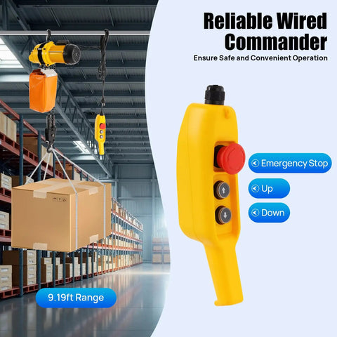 Heavy Duty Electric Chain Hoist With Wired Remote And Emergency Stop 110V showing wired remote control with emergency stop features.