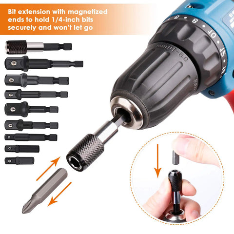 Heavy Duty Impact Socket Adapter Set for Power Tools attached to cordless drill with magnetic bit holder and hex shank.
