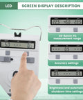 Digital PD Meter With Memory Function LCD Display For Eyes, Optical Pupilometer showing measurement settings and display features.