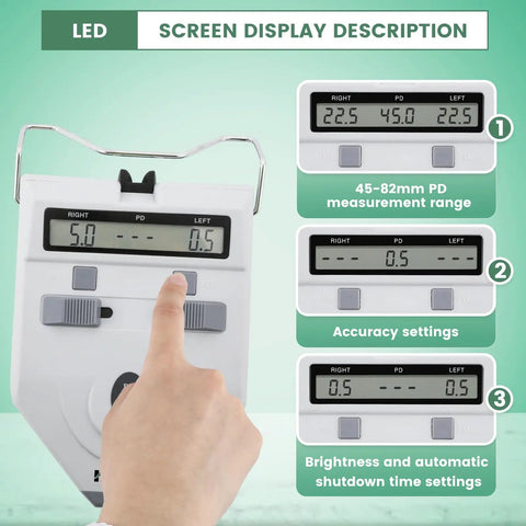 Digital PD Meter With Memory Function LCD Display For Eyes, Optical Pupilometer showing measurement settings and display features.
