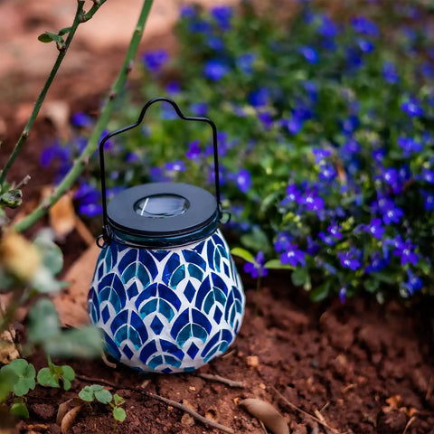 Blue solar mosaic lantern for outdoor lighting with hollow mosaic glass, waterproof garden patio decor, solar powered