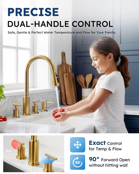 WOWOW 2 Handle Kitchen Faucet 4 Hole with Sprayer and Soap Dispenser, dual handle control, washing vegetables at sink.