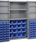 Heavy Duty Deep Door Bin Cabinet Organizer Built Solid To Level Up Your Garage Setup With Sixty Eight Rugged Blue Plastic Parts Bins And Fully Adjustable Shelves with gray frame and blue bins.