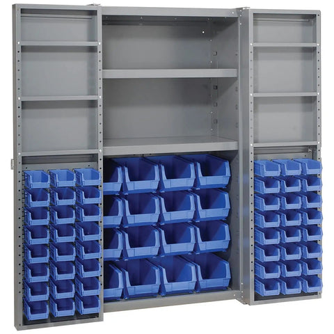 Heavy Duty Deep Door Bin Cabinet Organizer Built Solid To Level Up Your Garage Setup With Sixty Eight Rugged Blue Plastic Parts Bins And Fully Adjustable Shelves with gray frame and blue bins.