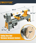 Powerful 10 Inch X 18 Inch Benchtop Mini Wood Lathe With Cast Iron Body showcasing measurements for swing and distance between centers.